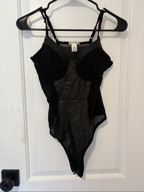 Black leather and mesh bodysuit
